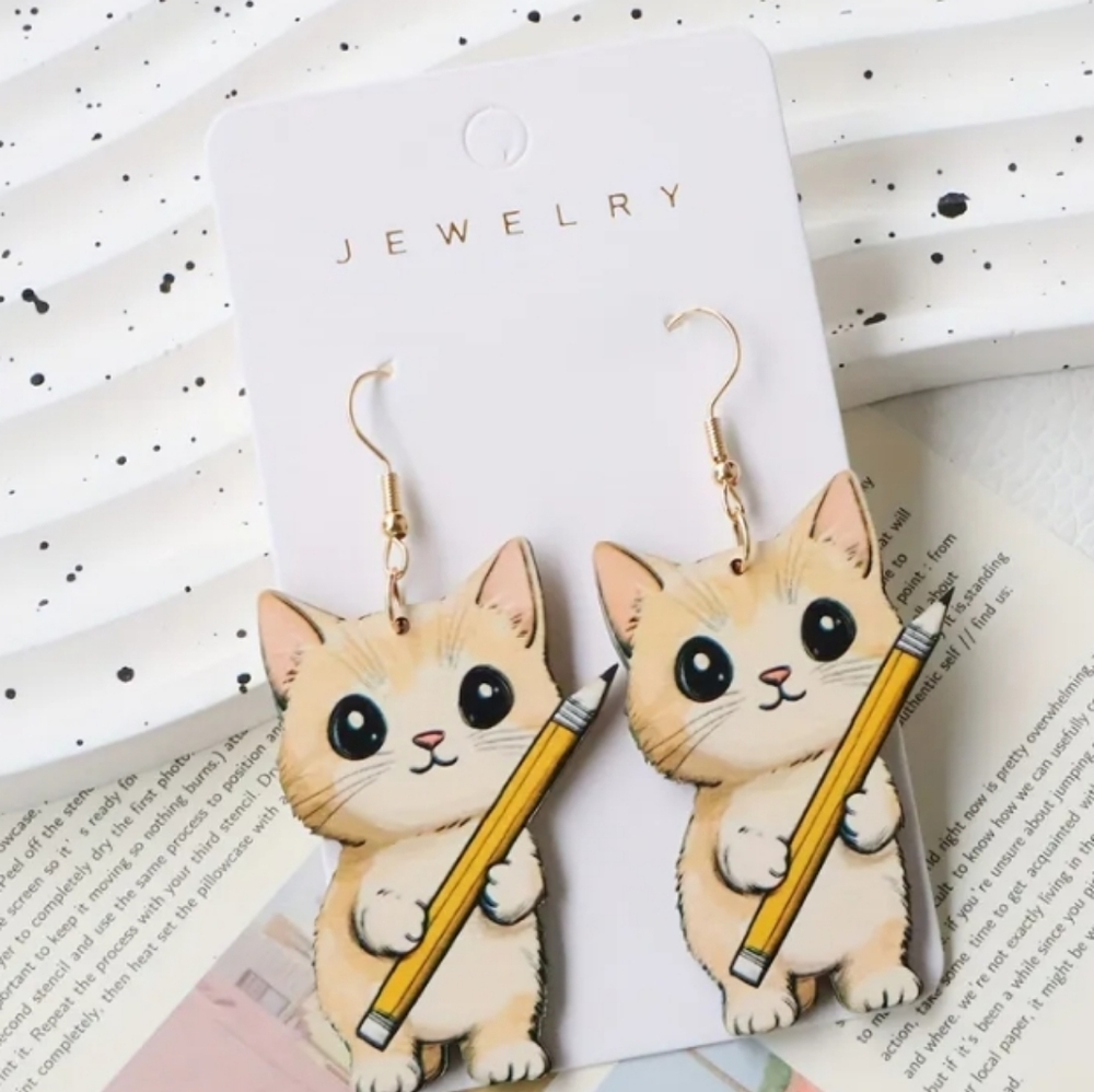 Cute Wooden Cat Earrings - Pencil ✏️